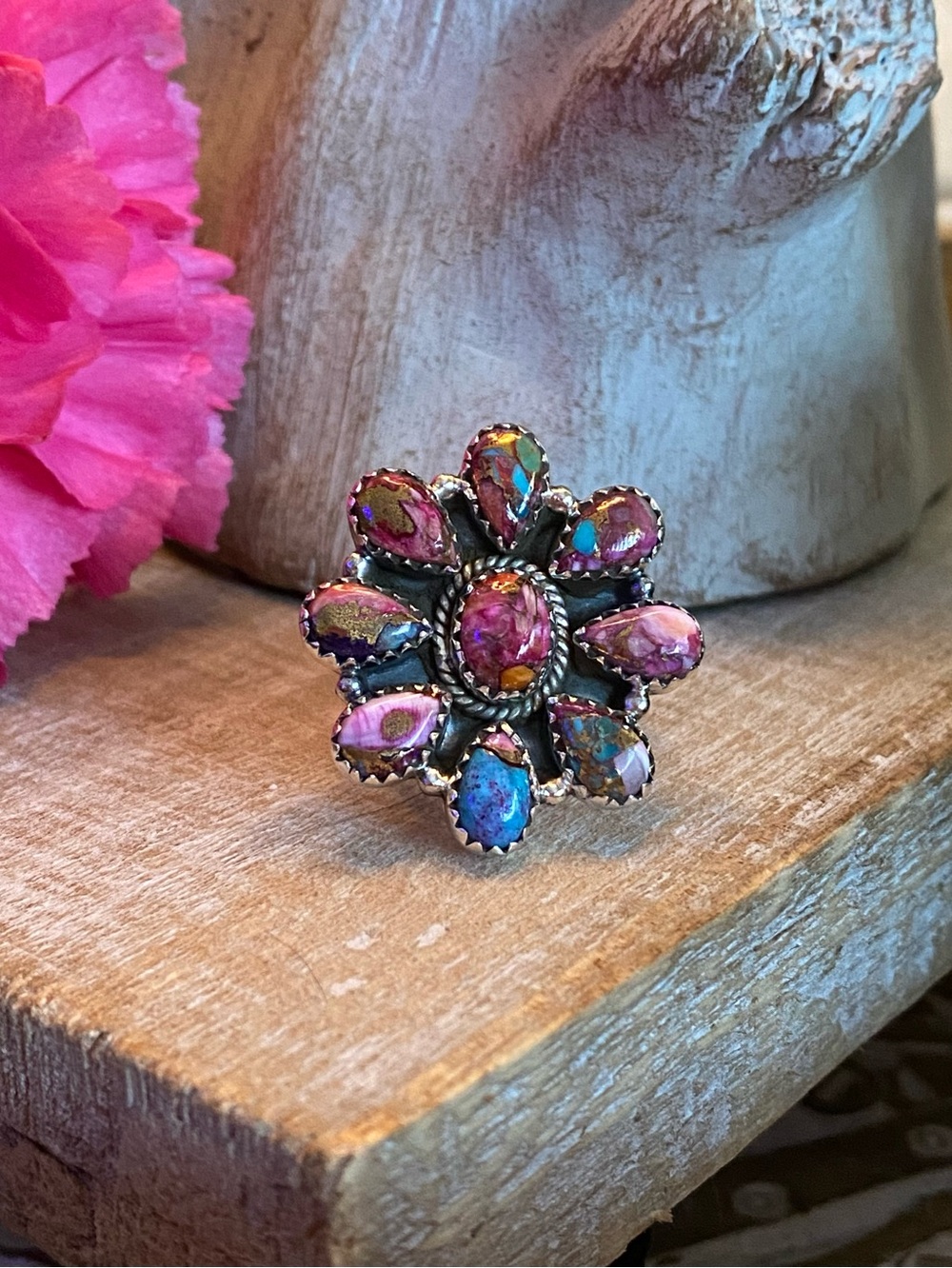 Pink Dahlia Turquoise cluster flower ring 925 sterling sz 7.25 (adjustable)
